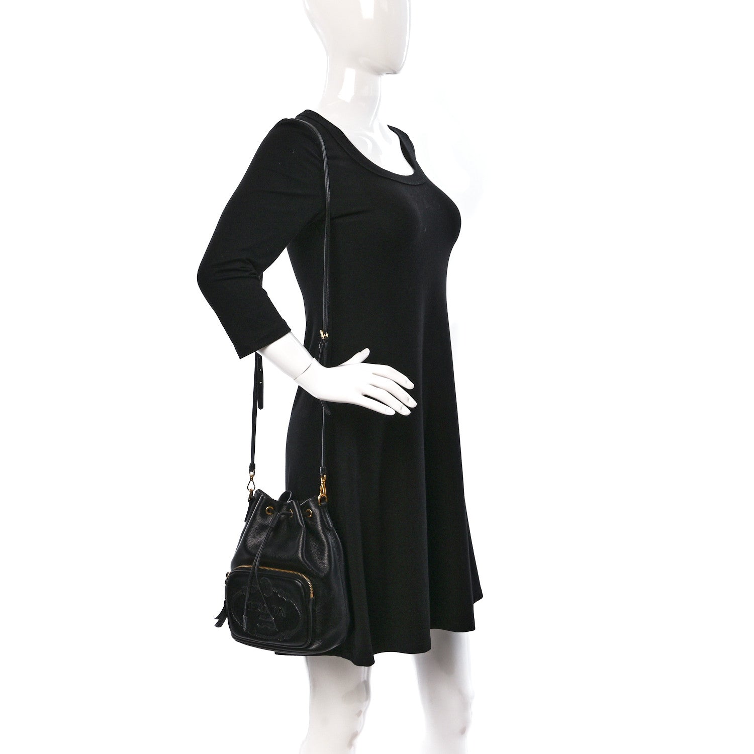 Prada Glace Calfskin Embossed Bucket Bag Black 2 of 9