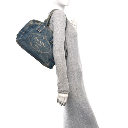 Prada Denim Canapa Logo Shoulder Bag 2 of 12