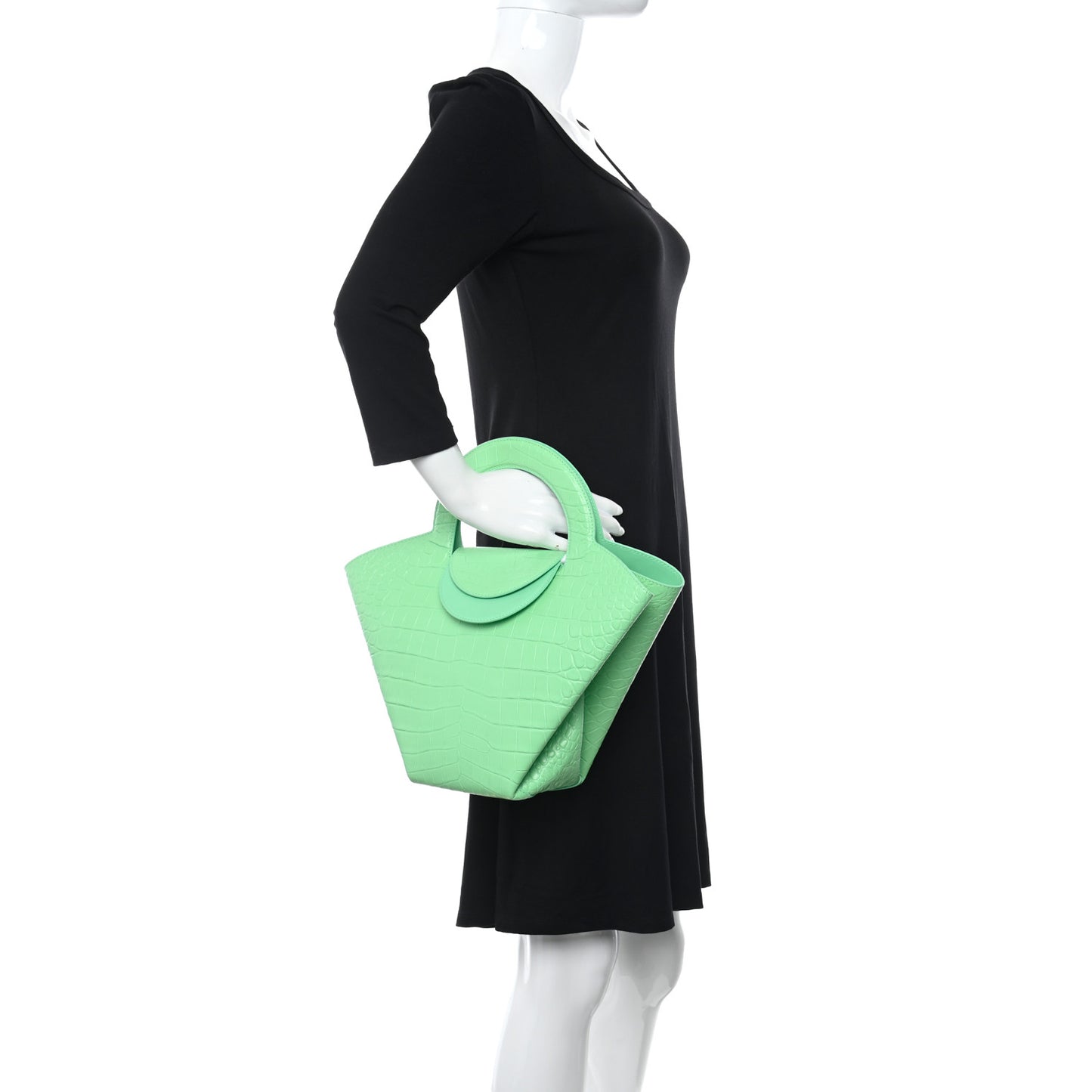 Calfskin Crocodile Embossed Ring Top Handle Tote Bag Green