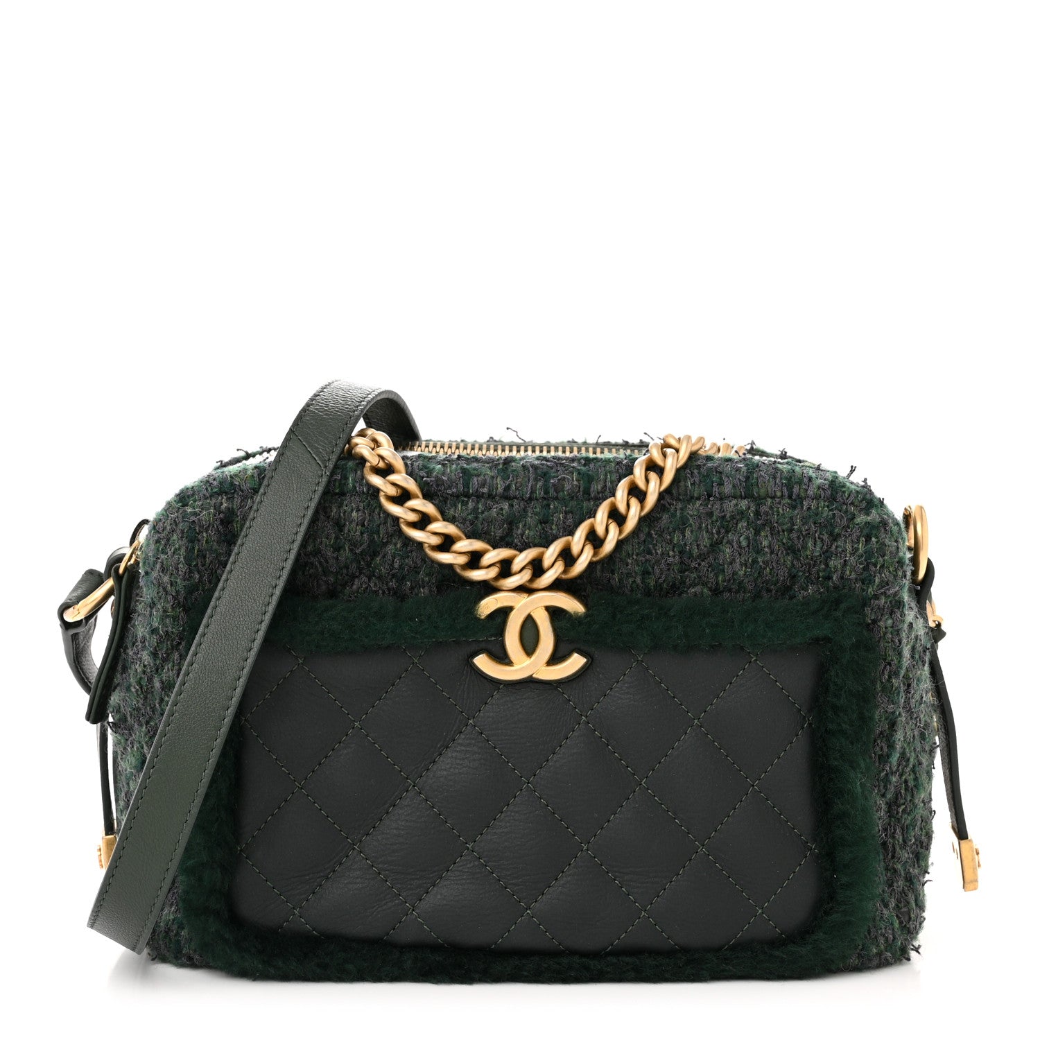 Chanel Tweed Shearling Grained Calfskin Camera Case Green 1 of 12