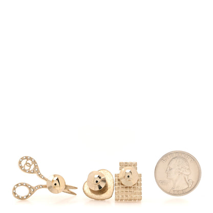 Chanel Metal Strass Crystal Quilted CC Heart Scissors Perfume Brooch Set Gold 2 of 5