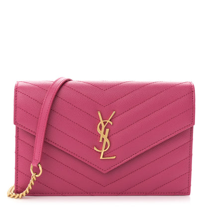 Saint Laurent Grain De Poudre Matelasse Chevron Monogram Envelope Chain Wallet Fresh Fuchsia 1 of 10