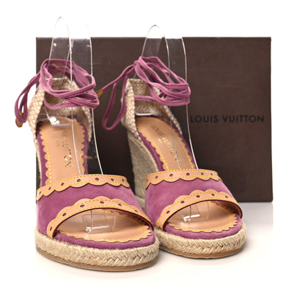 Louis Vuitton Suede Vachetta Espadrille Wedge Sandals 37.5 Purple 10 of 10