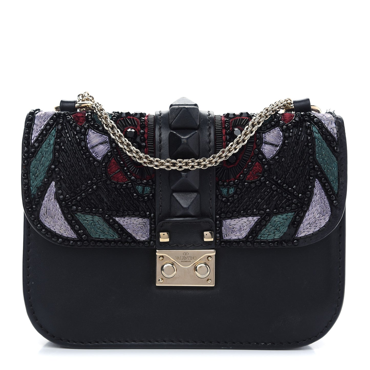 Vitello Beaded Small Glam Lock Rockstud Flap Black Multicolor