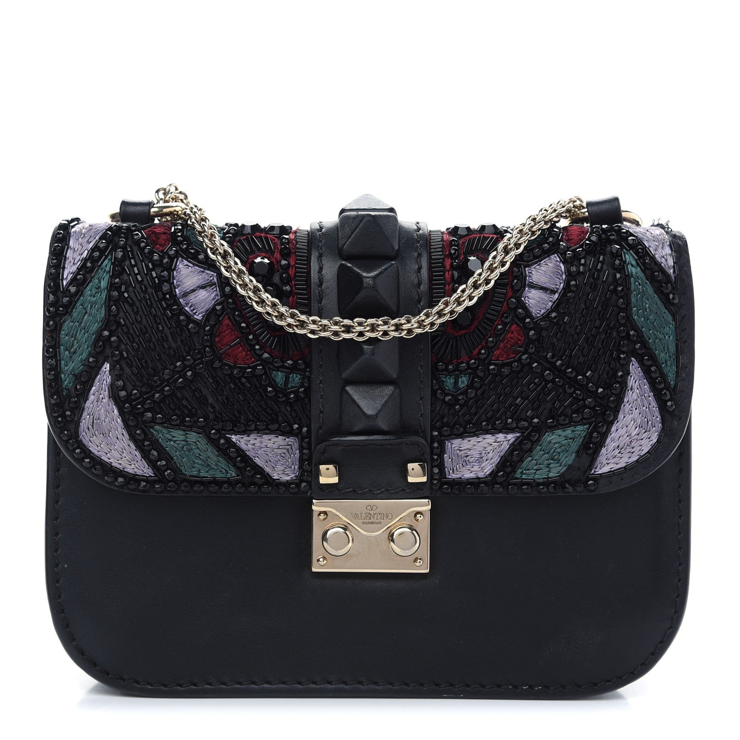 Valentino Garavani Vitello Beaded Small Glam Lock Rockstud Flap Black Multicolor 1 of 11