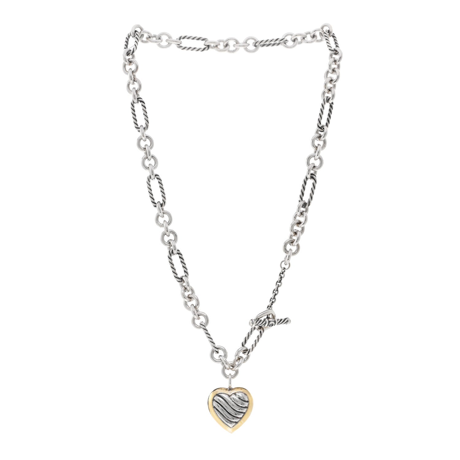 David Yurman Sterling Silver 18K Yellow Gold Cable Heart Figaro Necklace 3 of 6