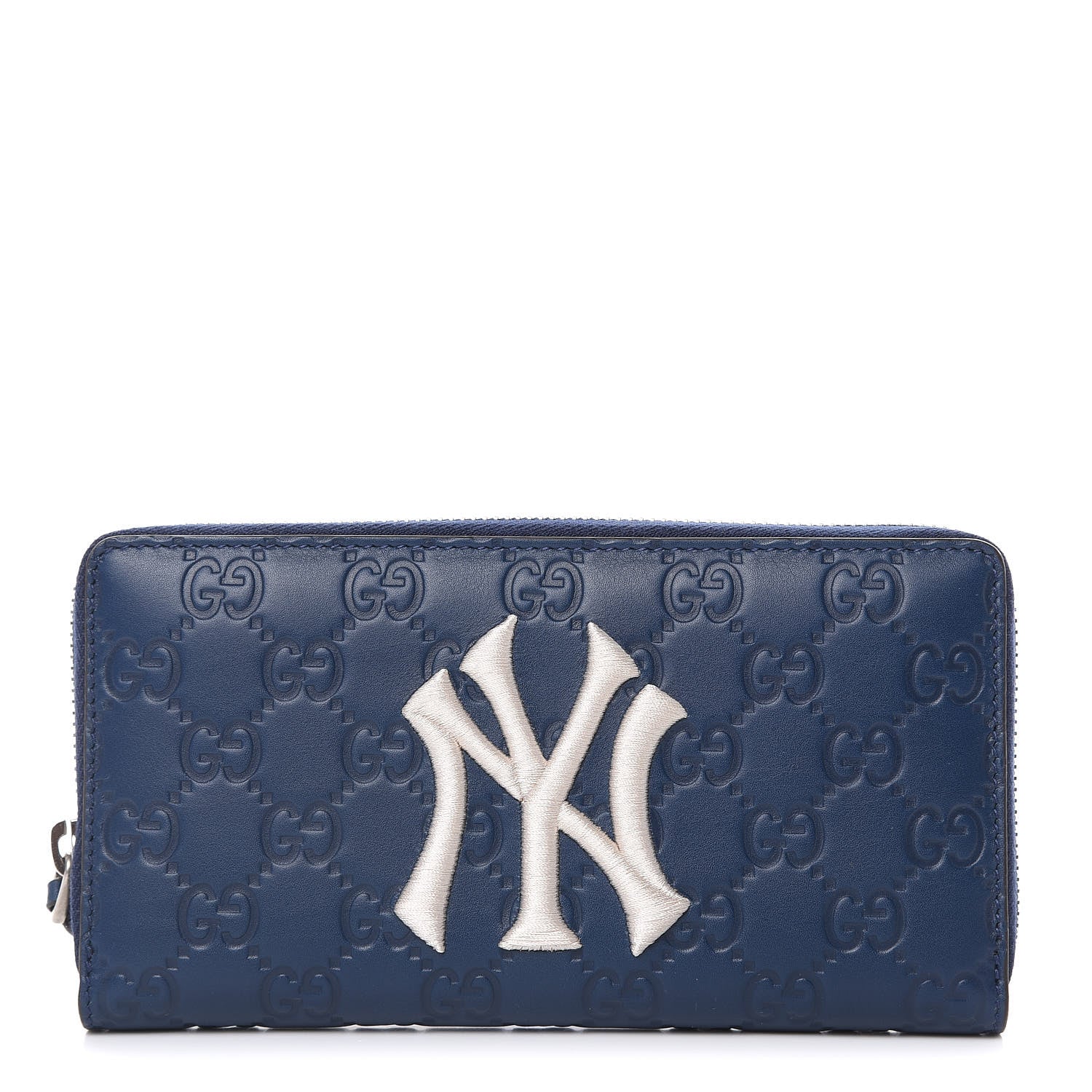 Gucci X MLB Guccissima Signature NY Yankees Embroidered Zip Around Wallet Royale Ivory 1 of 9