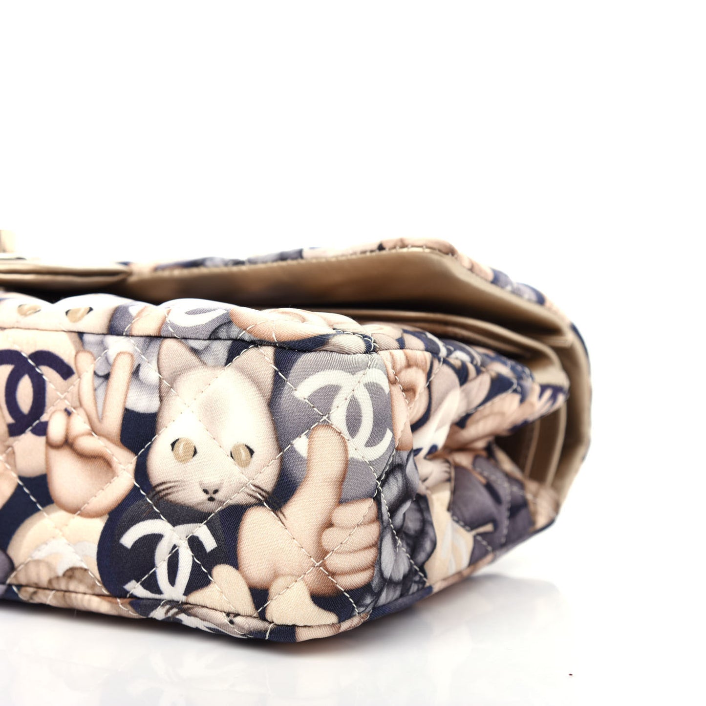 Nylon Quilted Medium Cat Emoticon Double Flap Navy Gold