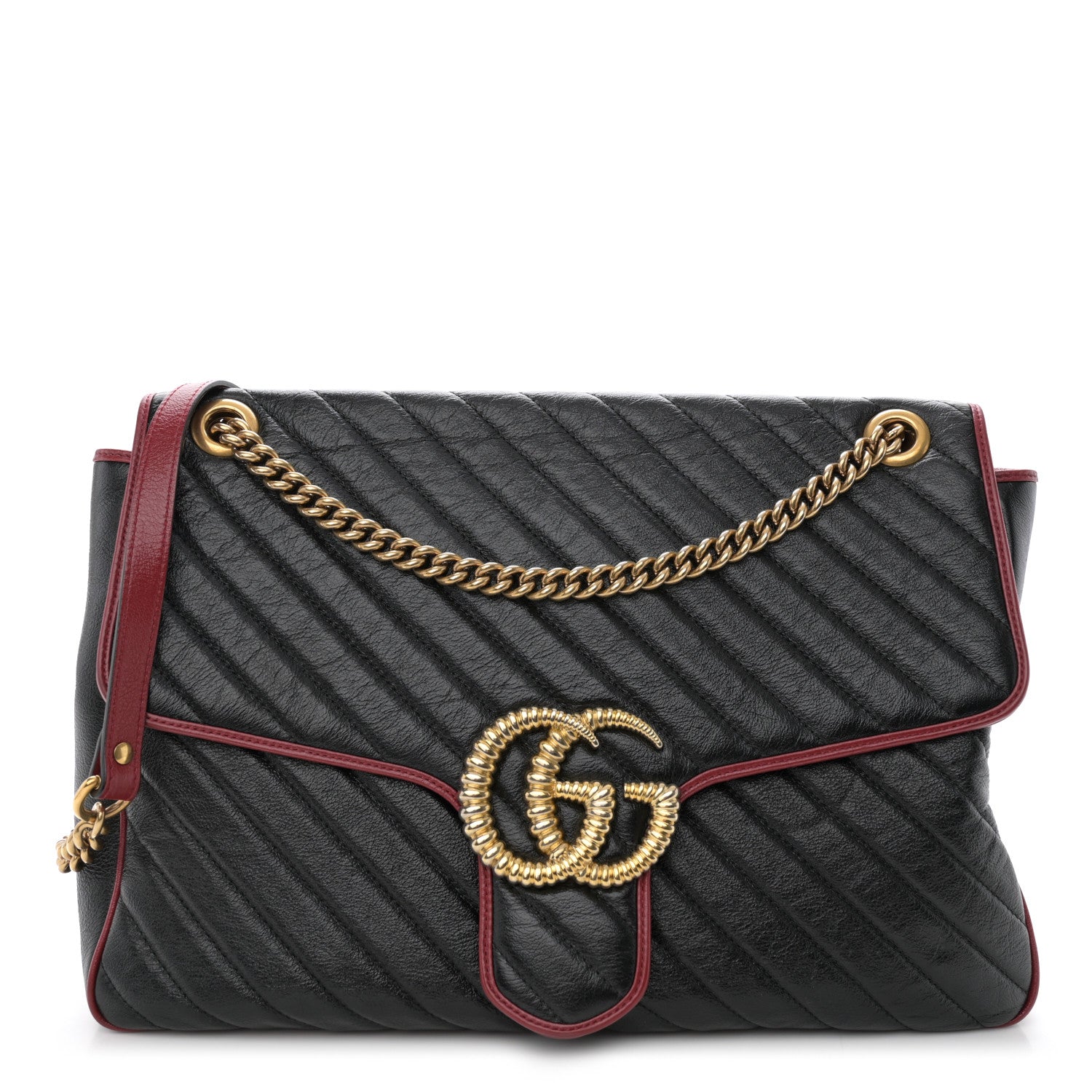 Gucci Vintage Effect Calfskin Matelasse Diagonal Large Torchon GG Marmont Shoulder Bag Black Romantic Cherry 1 of 12