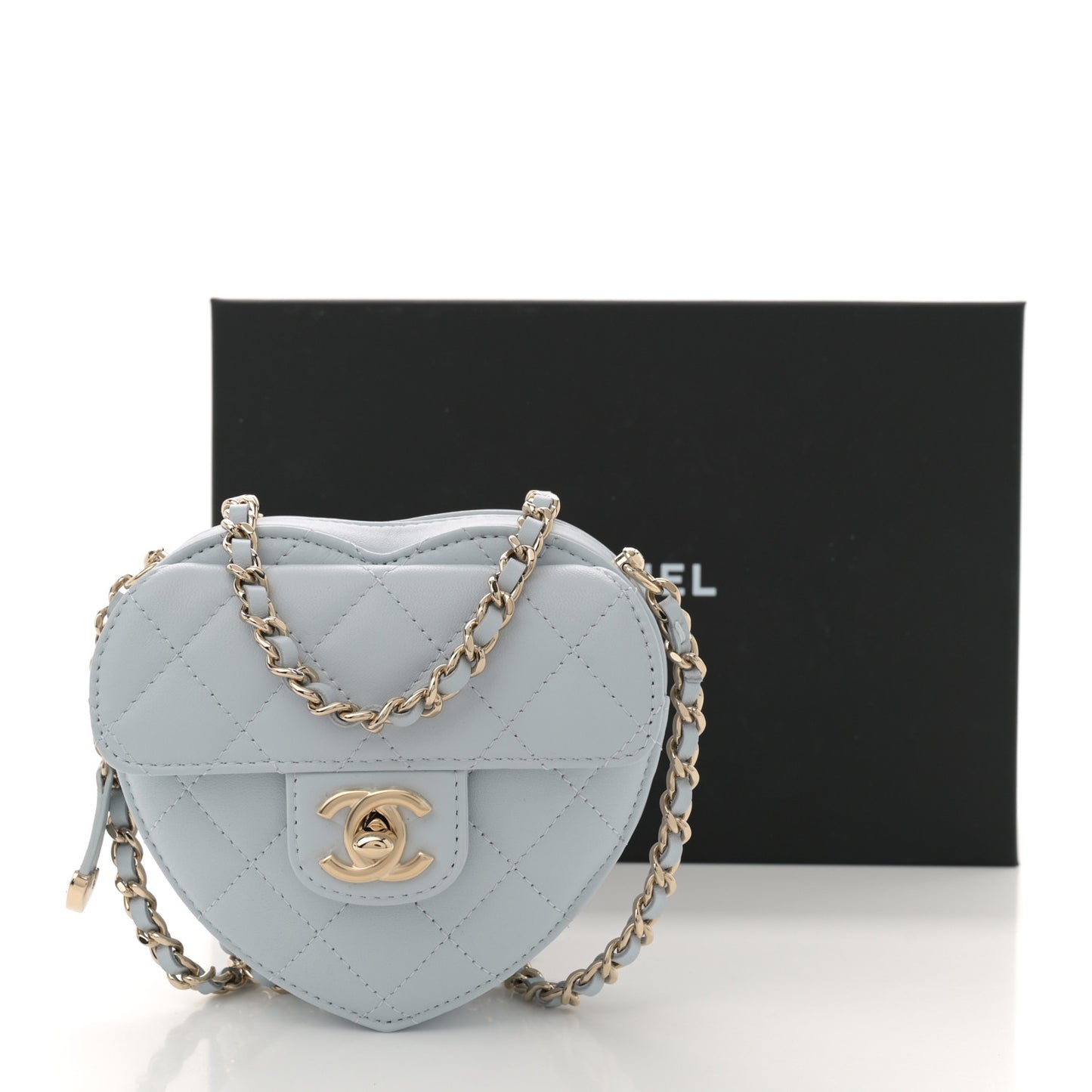 Lambskin Quilted CC In Love Heart Clutch With Chain Light Blue