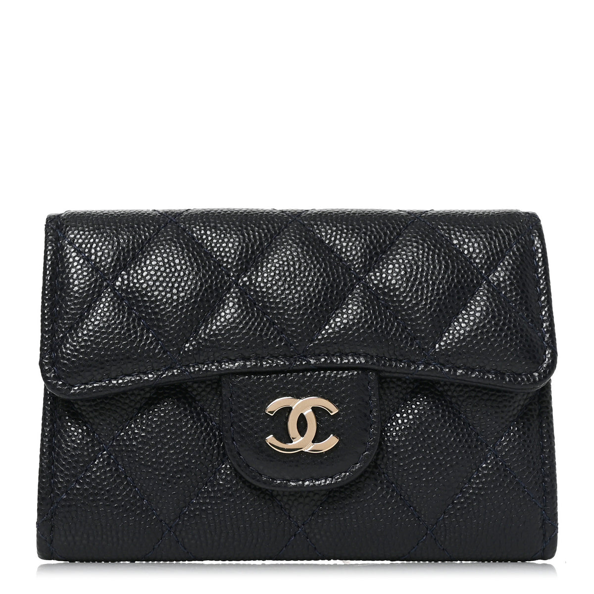 Caviar Quilted Flap Card Holder Navy Blue