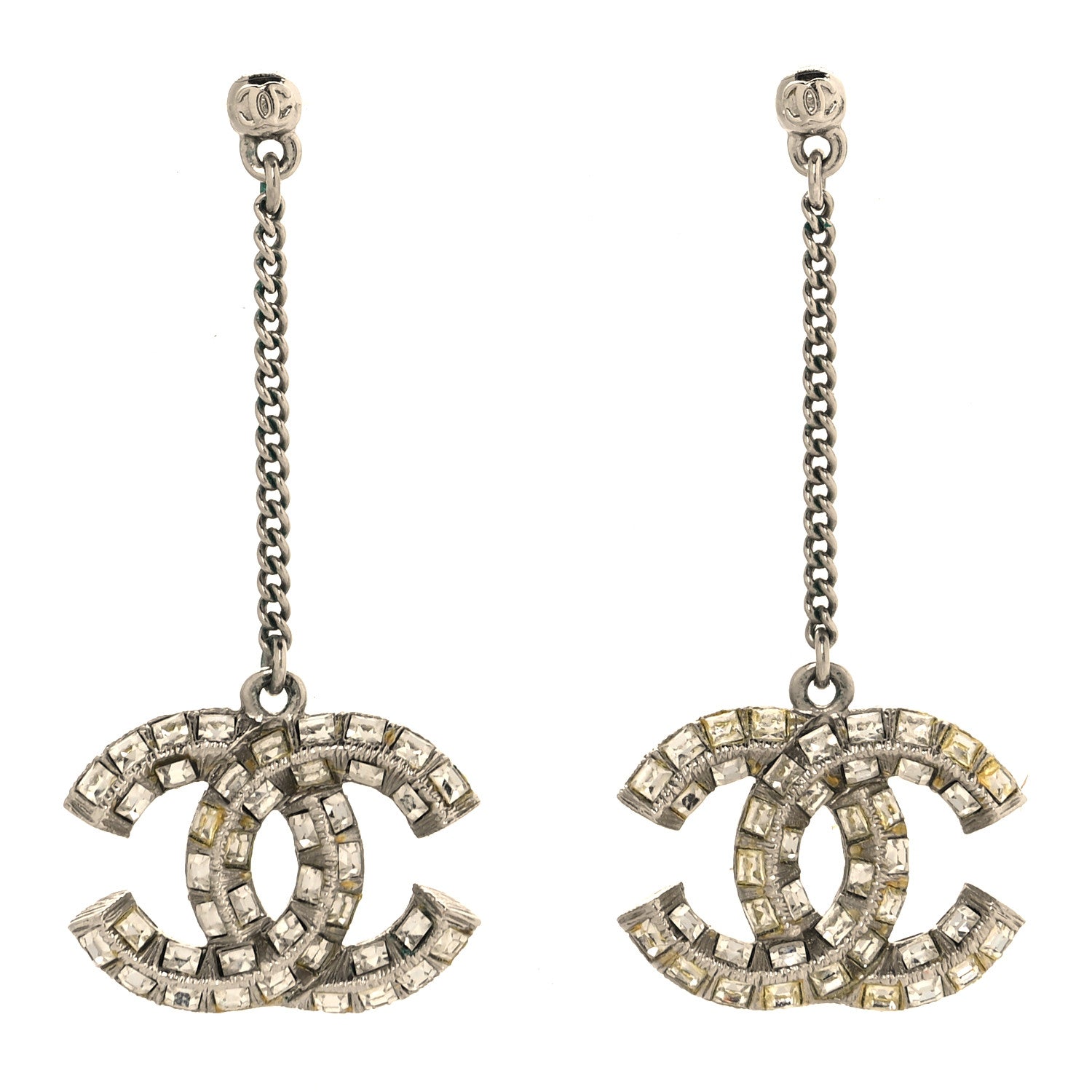 Chanel Baguette Crystal CC Drop Earrings Silver 1 of 5