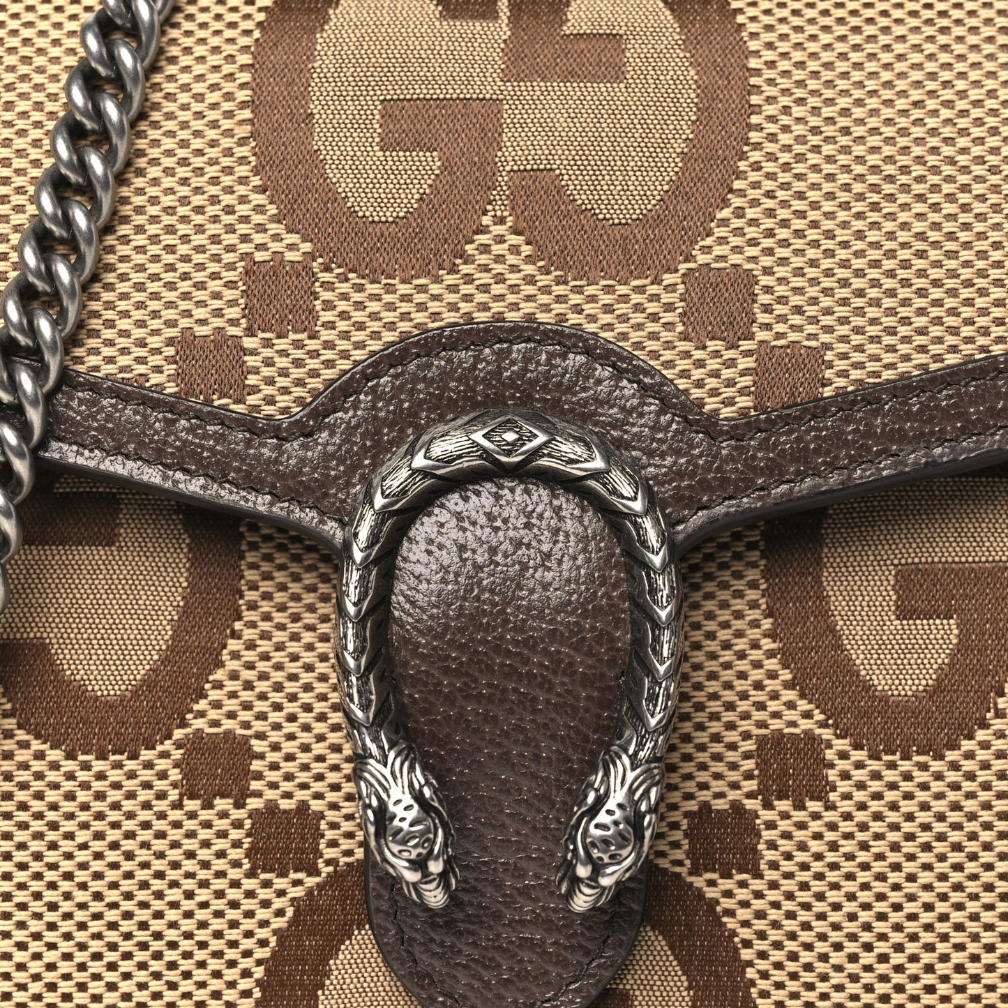 Monogram Jumbo GG Textured Dollar Calfskin Mini Dionysus Chain Wallet Camel Ebony New Acero