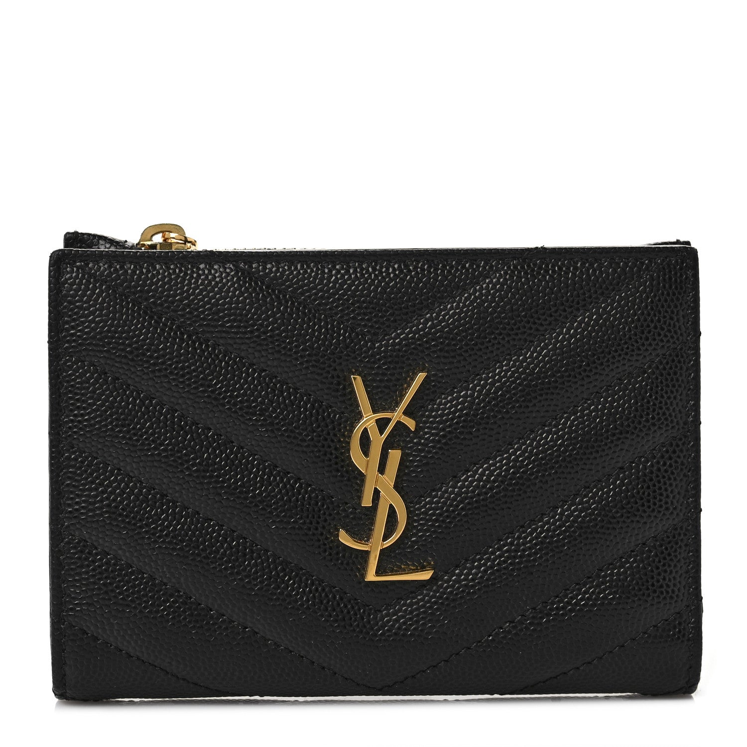 Saint Laurent Grain De Poudre Matelasse Chevron Monogram Zipped Two-Part Wallet Black 1 of 8