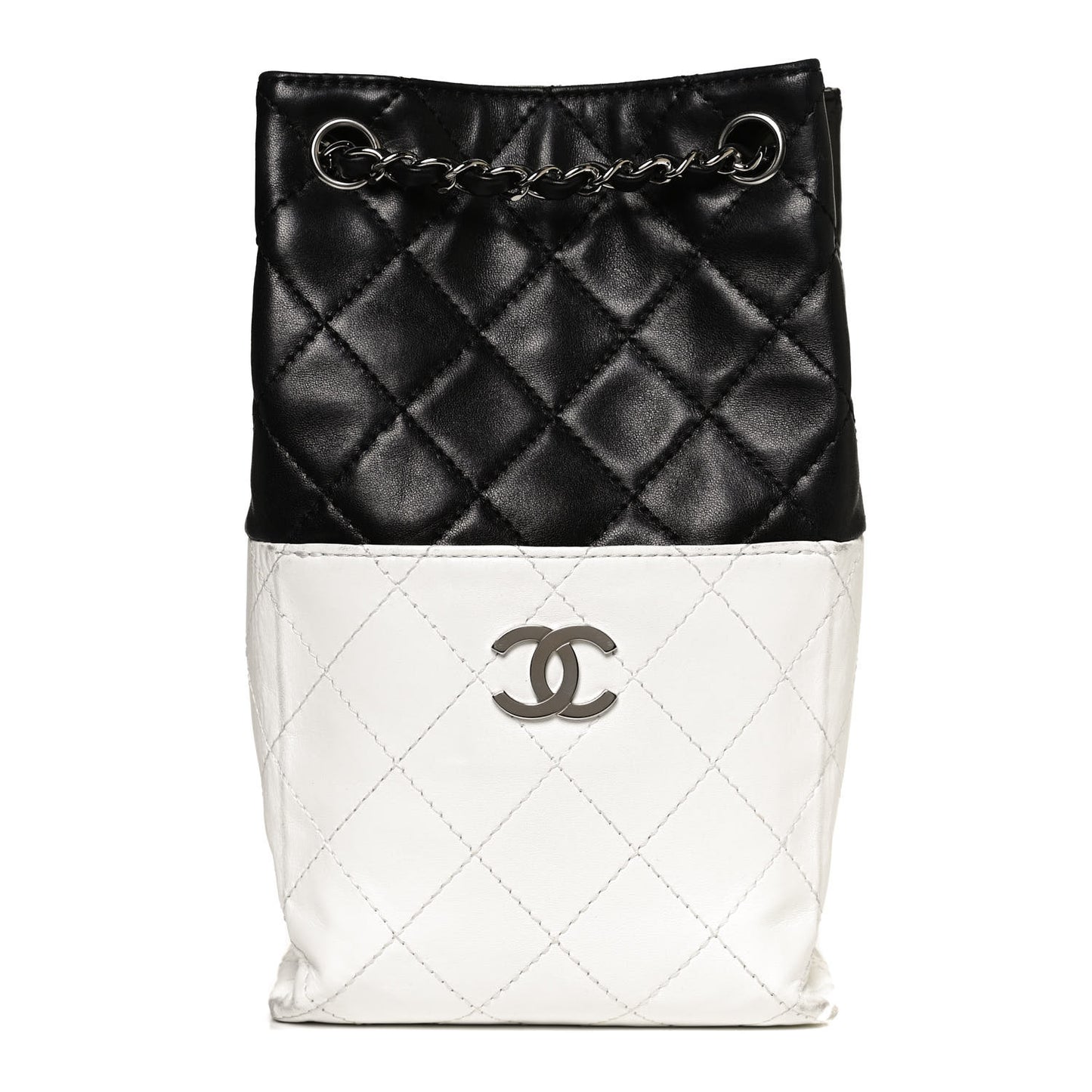 Lambskin Quilted Bi-Color Drawstring Shoulder Bag Black White