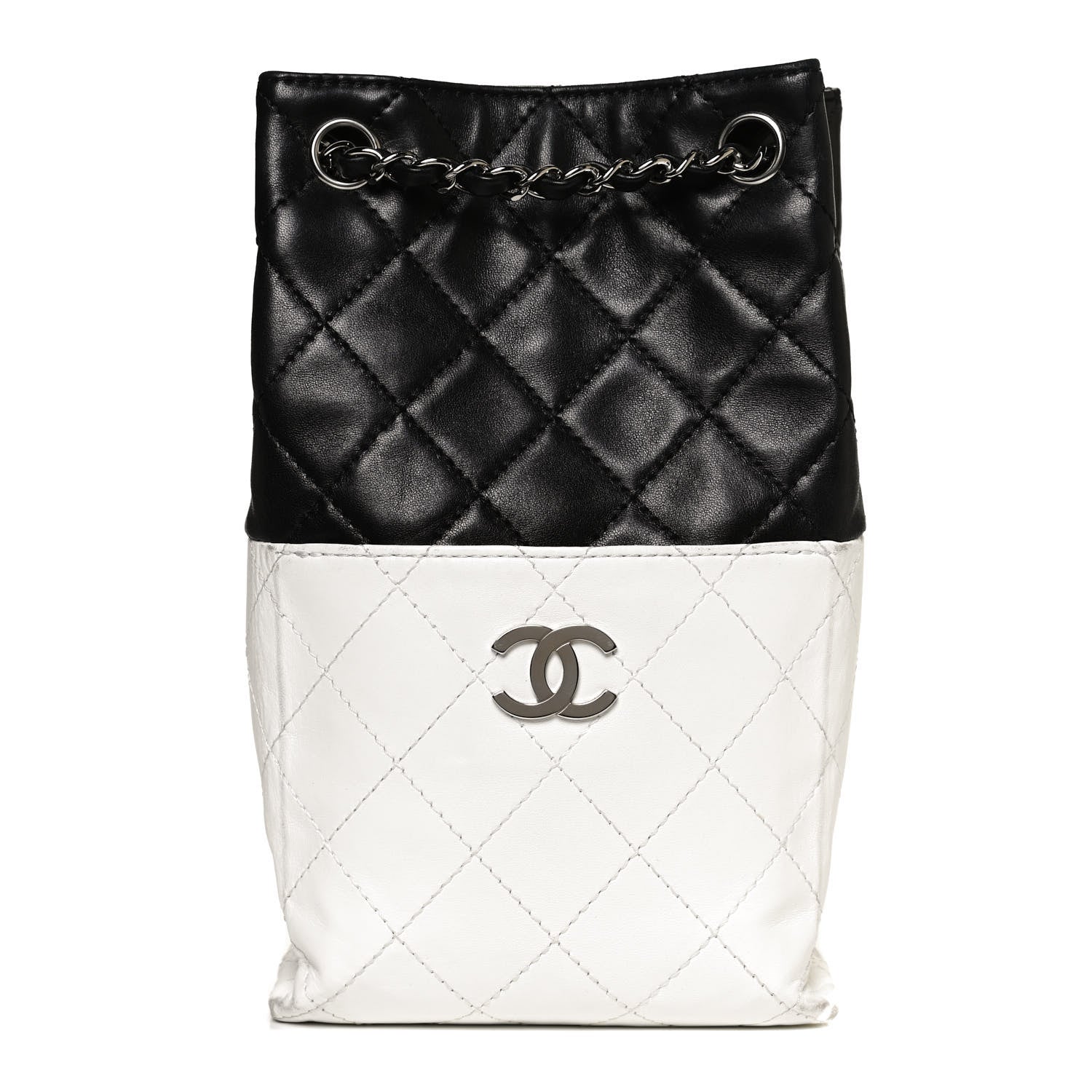 Chanel Lambskin Quilted Bi-Color Drawstring Shoulder Bag Black White 1 of 9