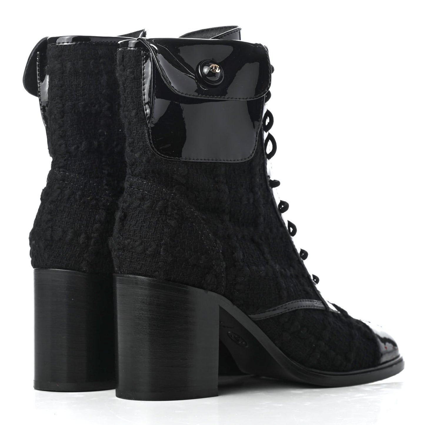 Tweed Patent Calfskin Lace Up Short Boots 36 Black
