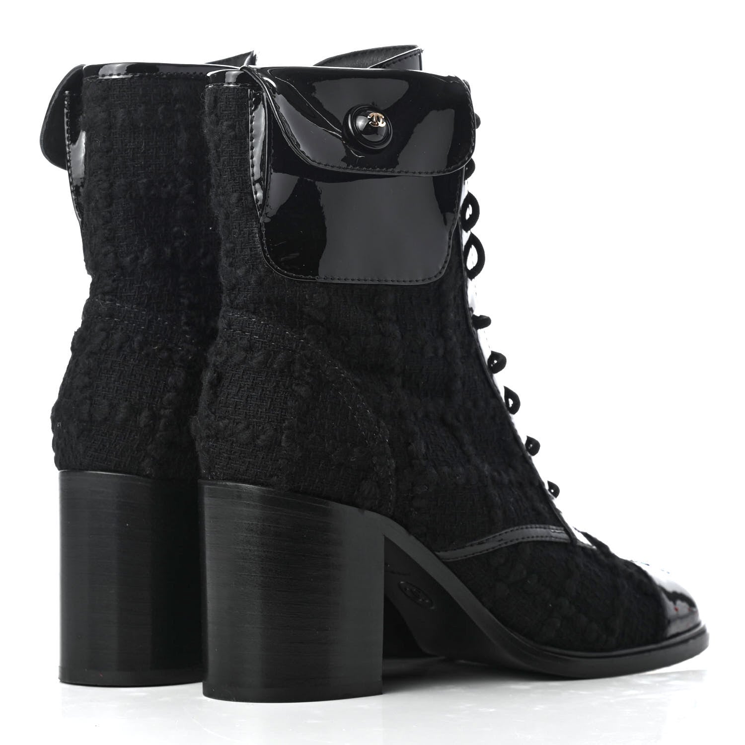 Chanel Tweed Patent Calfskin Lace Up Short Boots 36 Black 4 of 10