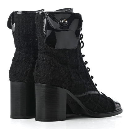 Chanel Tweed Patent Calfskin Lace Up Short Boots 36 Black 4 of 10