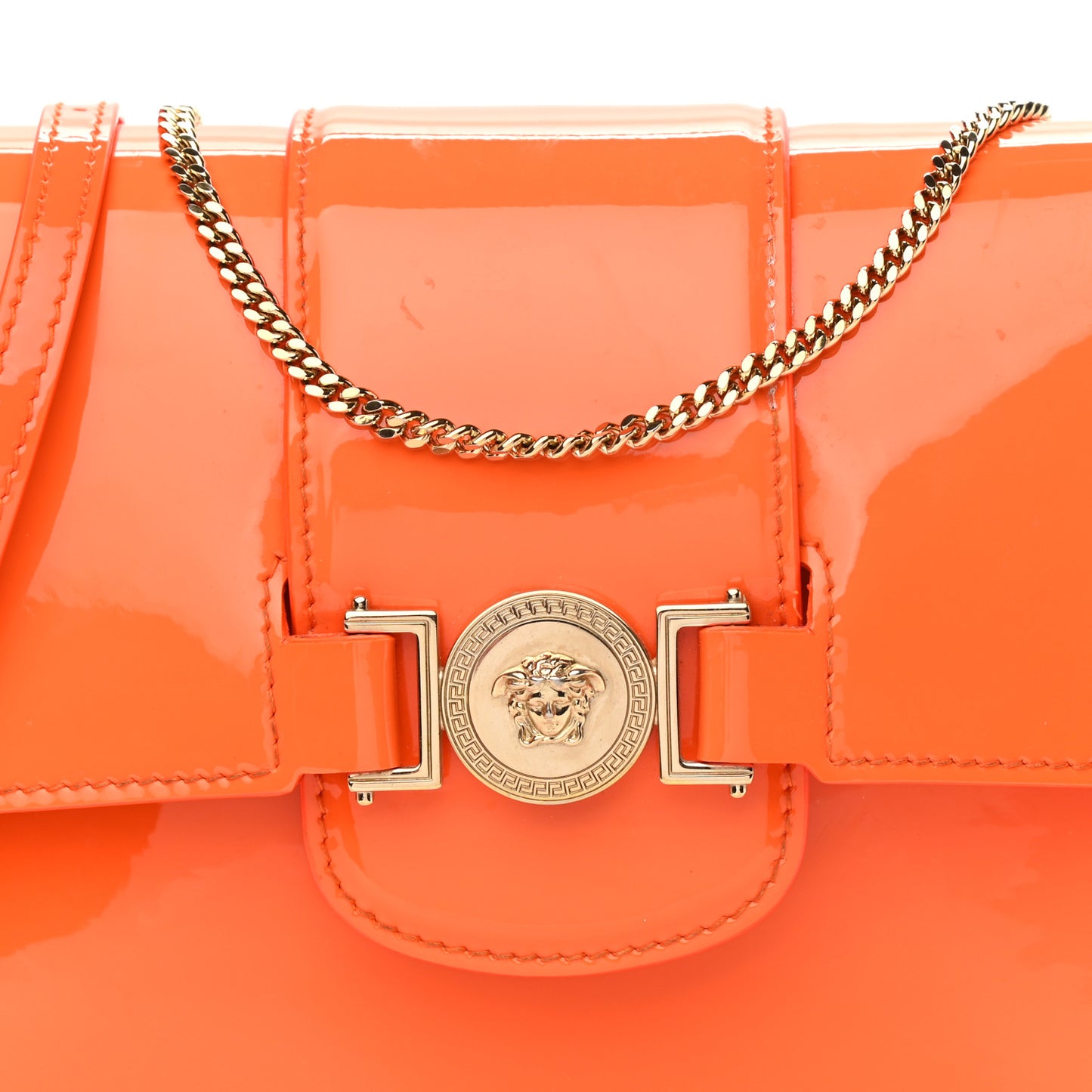 Patent Palazzo Medusa Chain Shoulder Bag Orange