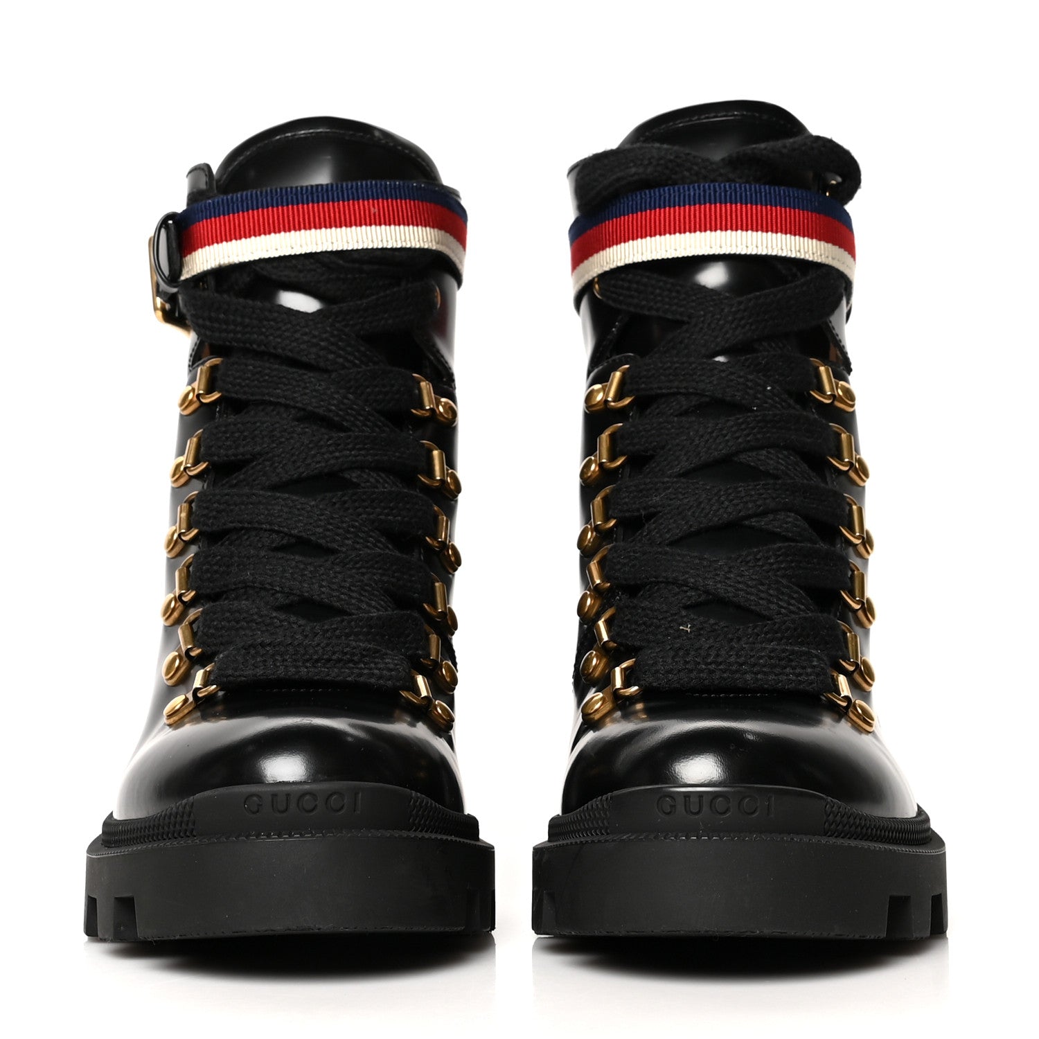 Gucci Calfskin Sylvie Web Lace Up Combat Boots 37.5 Black 2 of 8