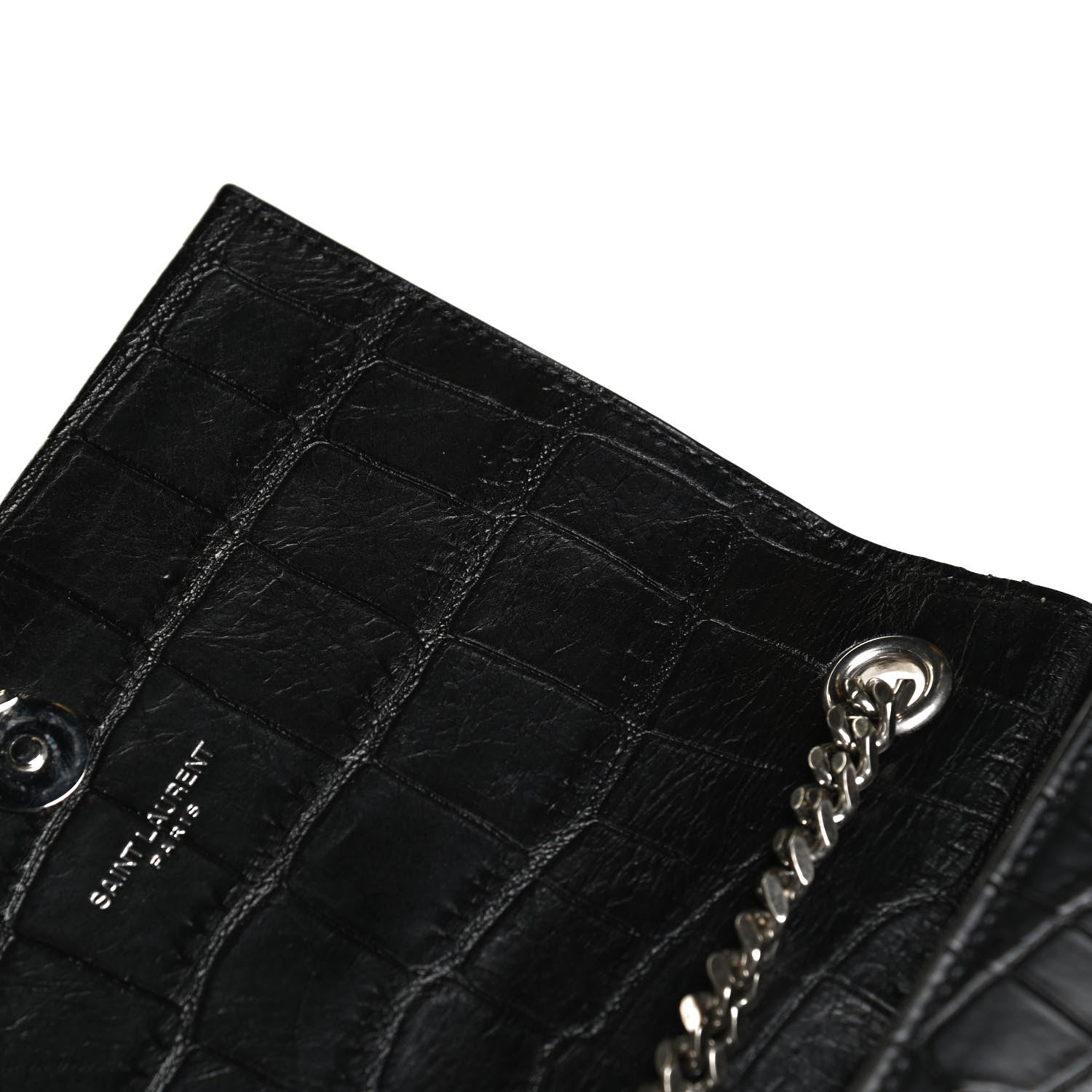 Saint Laurent Calfskin Crocodile Embossed Small Classic Monogram Kate Tassel Satchel Black 10 of 11