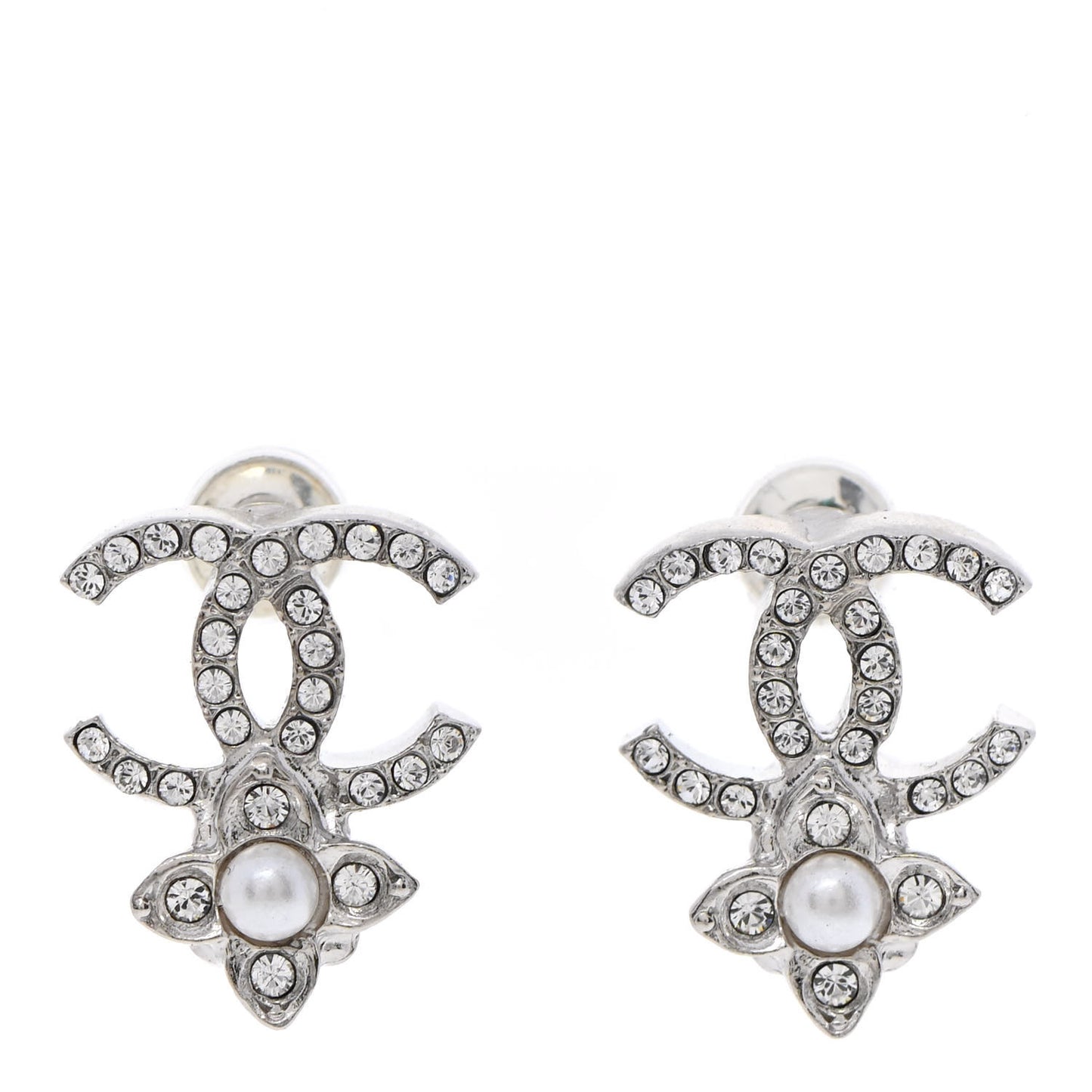 Crystal Pearl Flower CC Earrings Silver