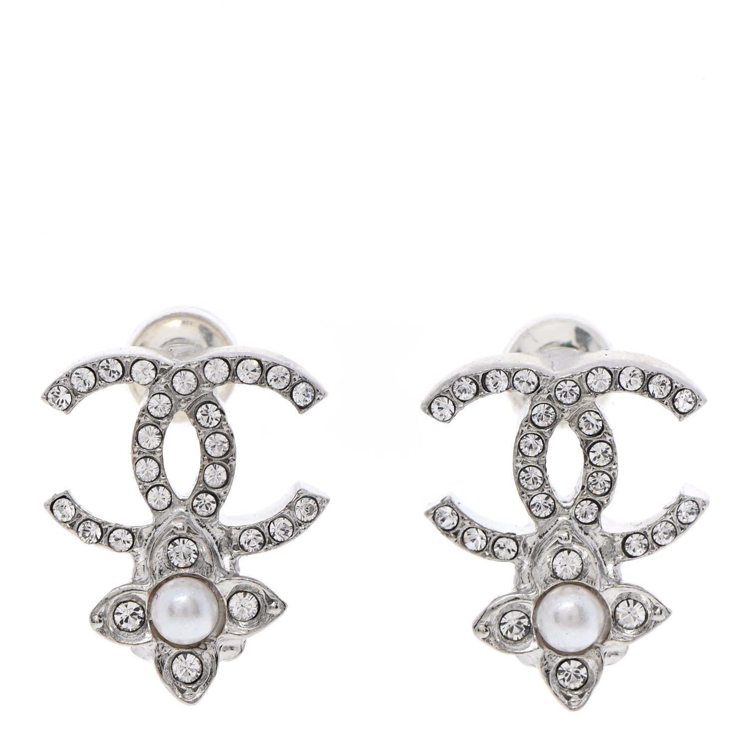 Chanel Crystal Pearl Flower CC Earrings Silver 1 of 5