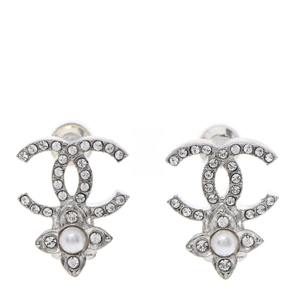 Chanel Crystal Pearl Flower CC Earrings Silver 1 of 5