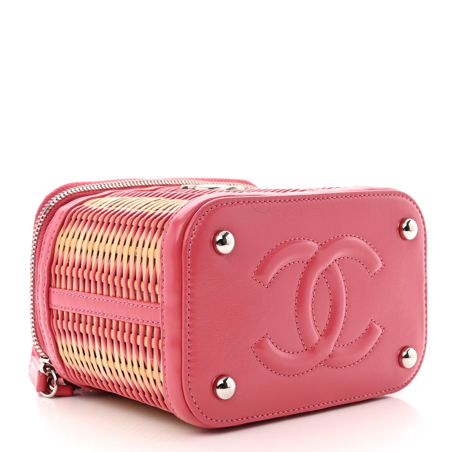 Calfskin Raffia Small Take Away Vanity Case Bag Pink Beige