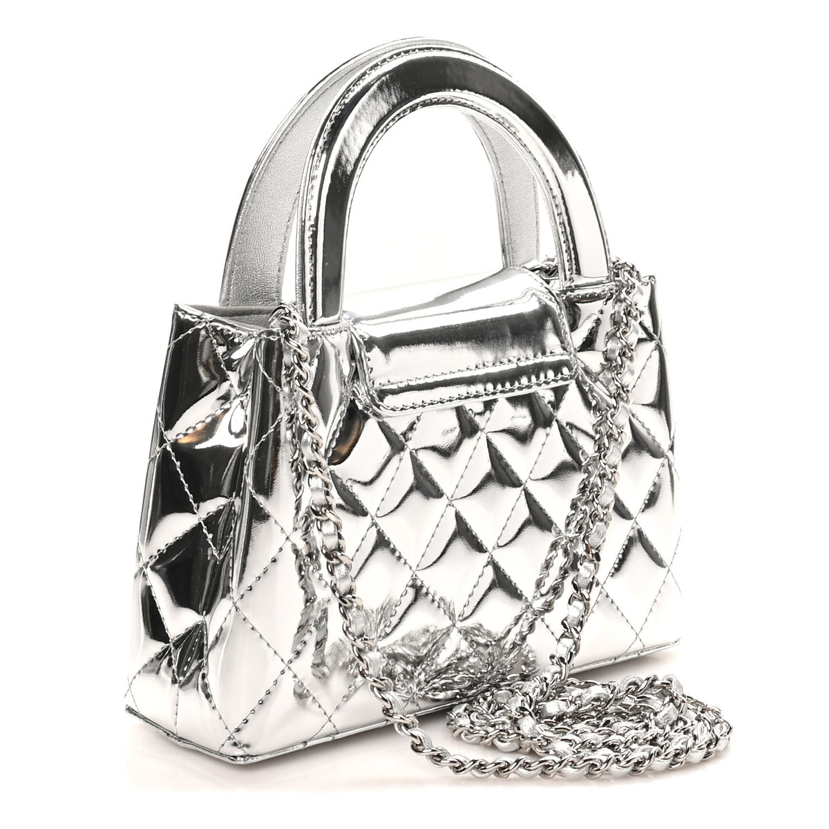 Mirror Calfskin Metallic Calfskin Quilted Nano Kelly Shopper Silvery