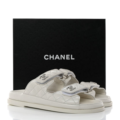 Chanel Lambskin Quilted Velcro Dad Chain CC Slide Sandals 39 White 9 of 9