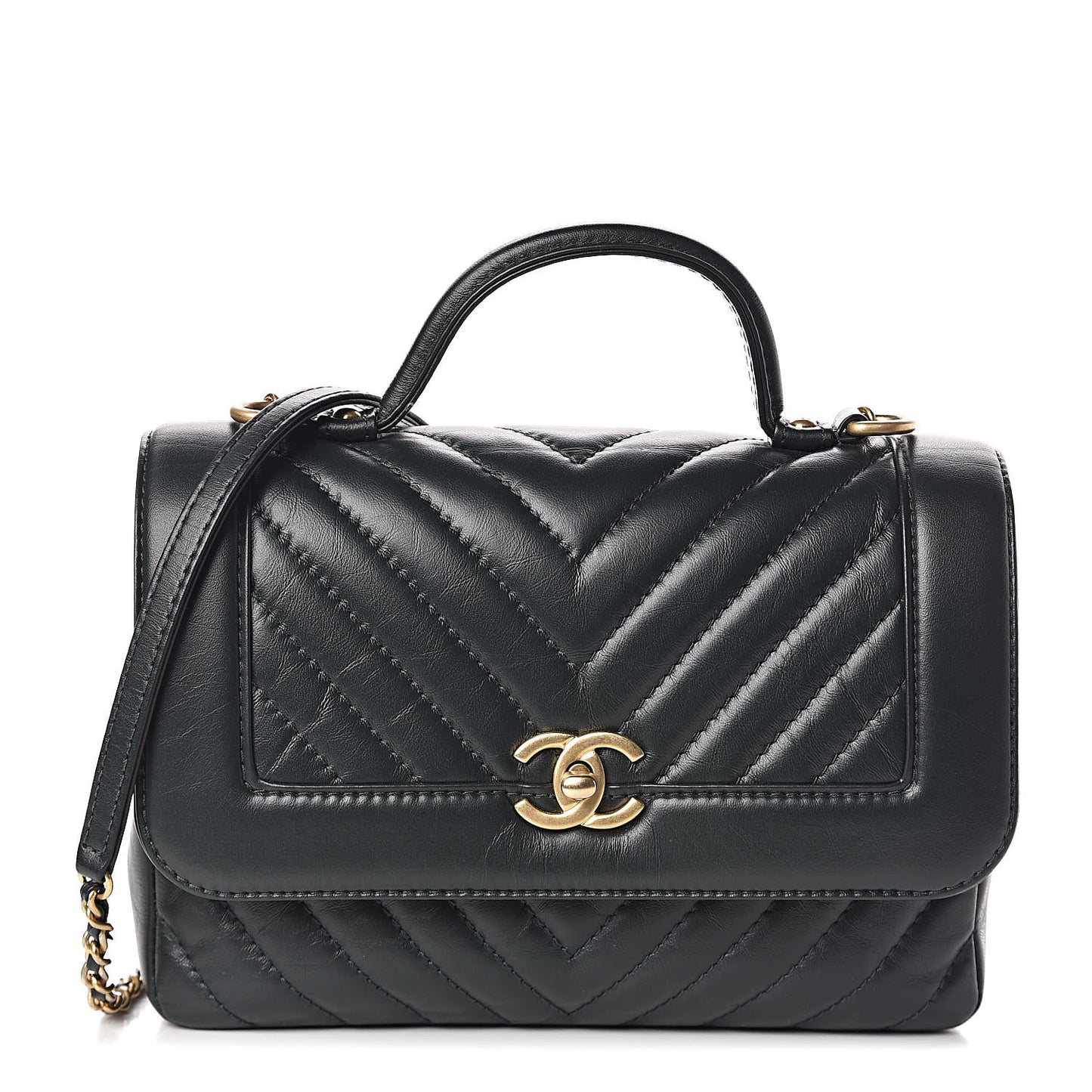 Calfskin Chevron Quilted Top Handle Flap Green