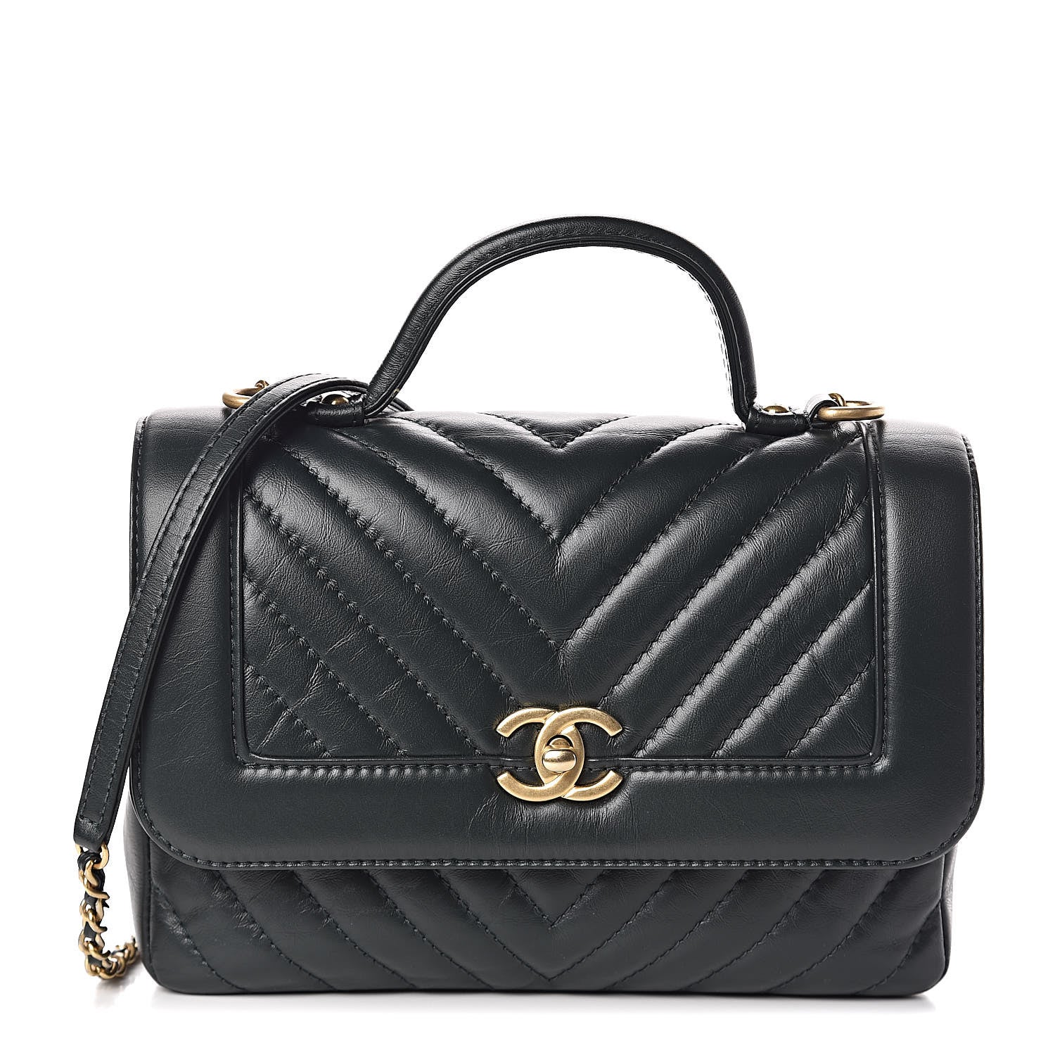 Chanel Calfskin Chevron Quilted Top Handle Flap Green 1 of 11