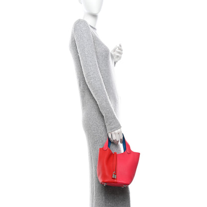 Hermes Taurillon Clemence Tri-Color Picotin Lock 18 PM Rouge Coeur Rose Extreme Bleu Zanzibar 2 of 12