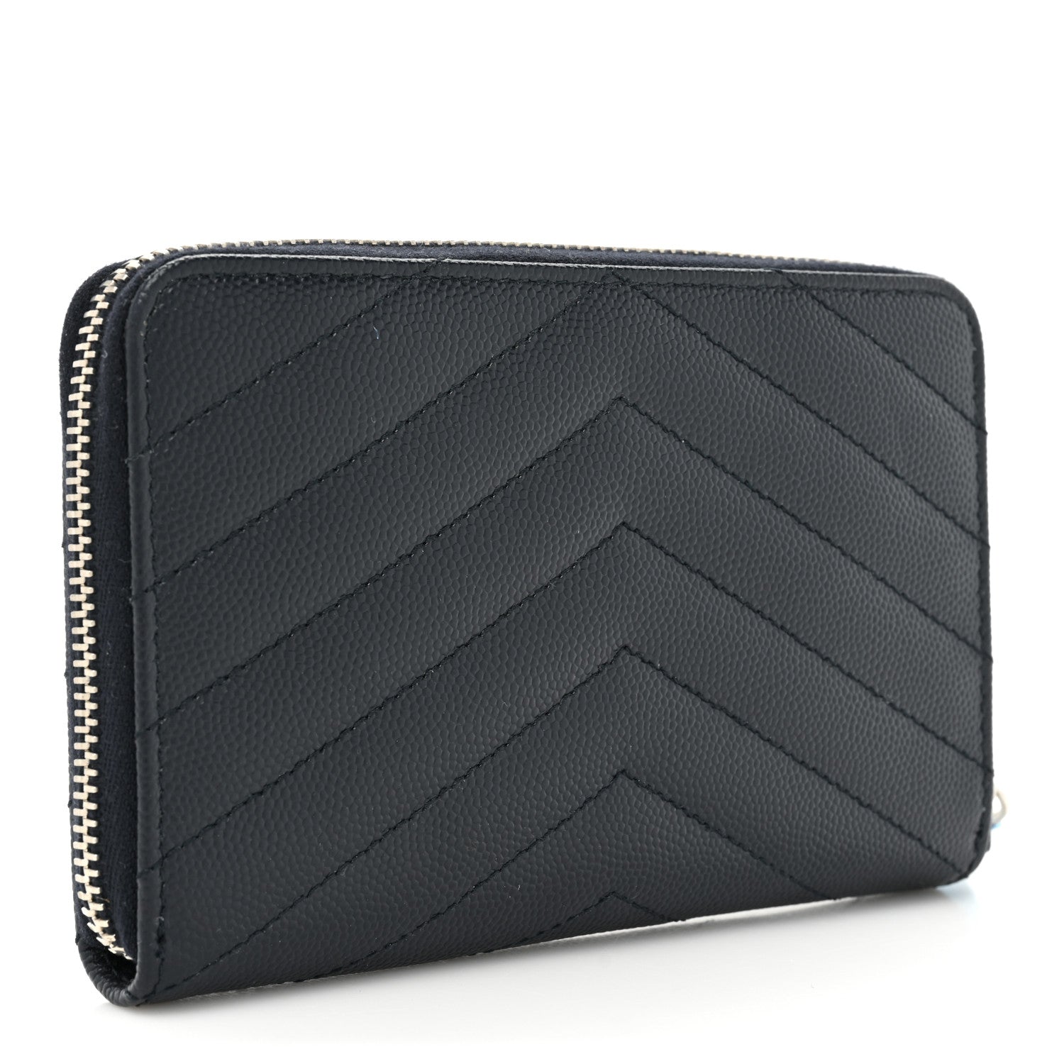 Saint Laurent Grain De Poudre Matelasse Chevron Monogram Small Zip Around Wallet Deep Marine 3 of 11