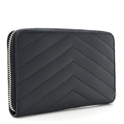 Saint Laurent Grain De Poudre Matelasse Chevron Monogram Small Zip Around Wallet Deep Marine 3 of 11