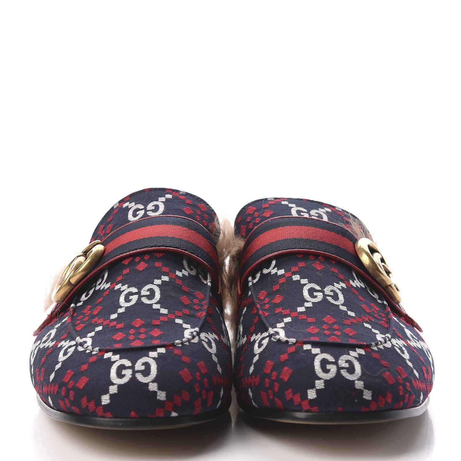 Gucci Canvas GG Monogram Diamond Fur Web GG Mens Princetown Slippers 9 Midnight Blue Hibiscus Red 3 of 8