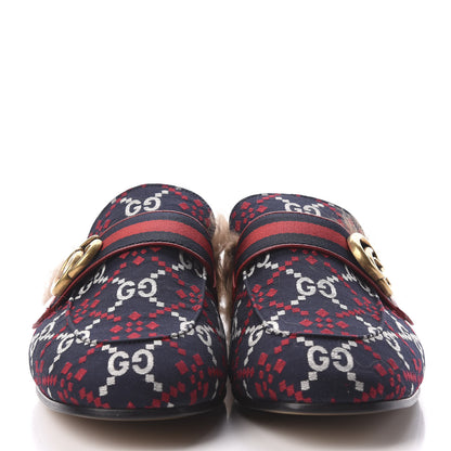 Gucci Canvas GG Monogram Diamond Fur Web GG Mens Princetown Slippers 9 Midnight Blue Hibiscus Red 3 of 8
