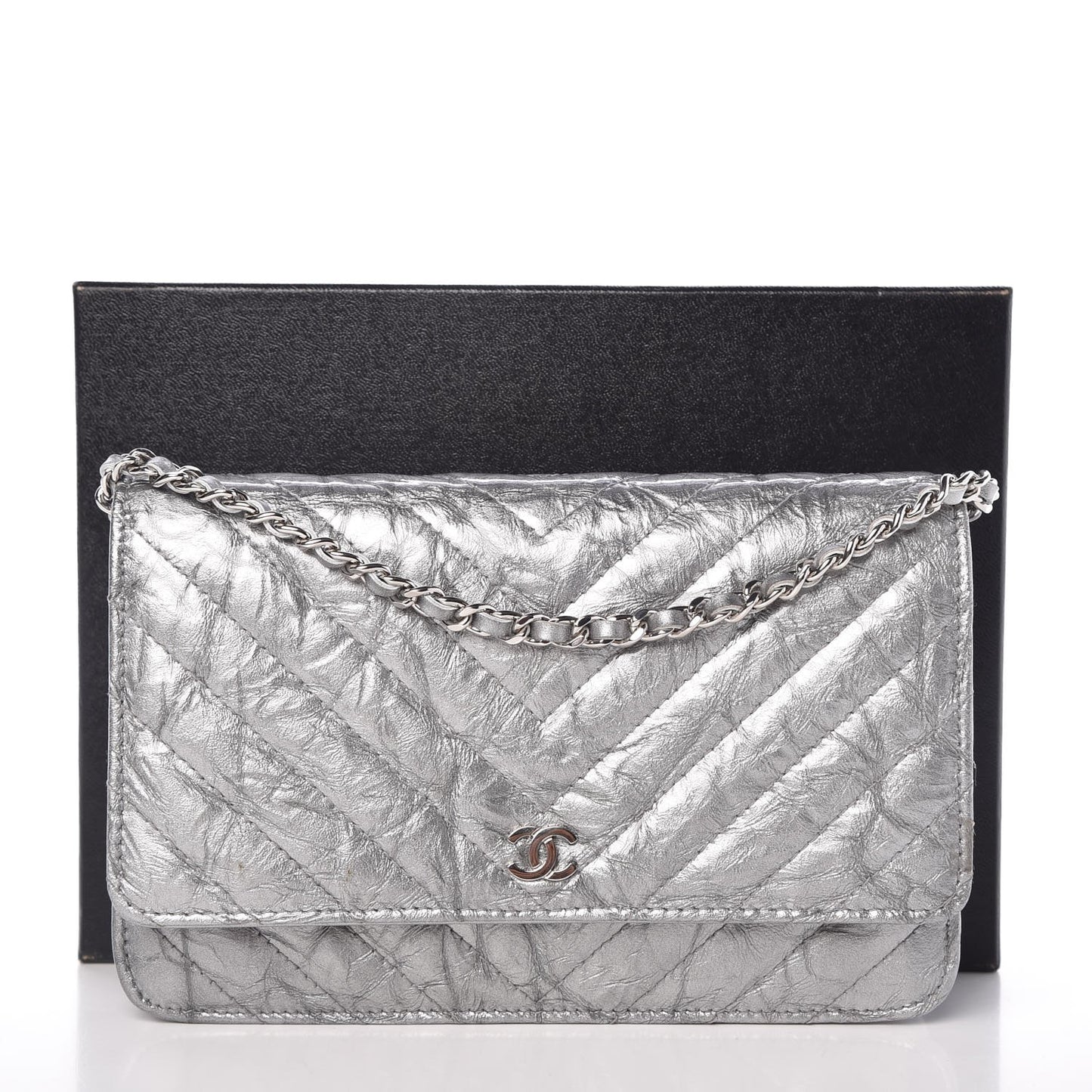 Patent Metallic Crumpled Calfskin Chevron Quilted Wallet On Chain WOC Silver