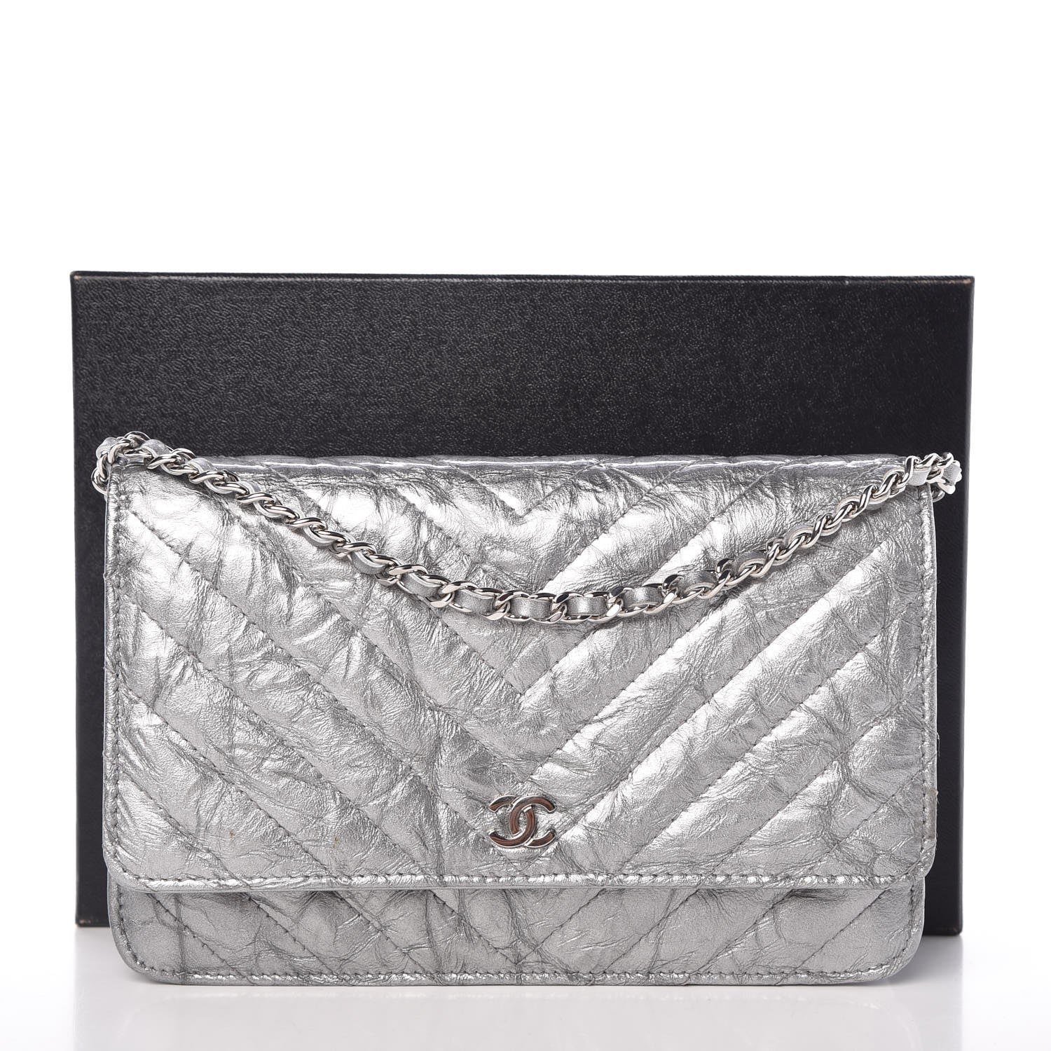Chanel Patent Metallic Crumpled Calfskin Chevron Quilted Wallet On Chain WOC Silver 9 of 9