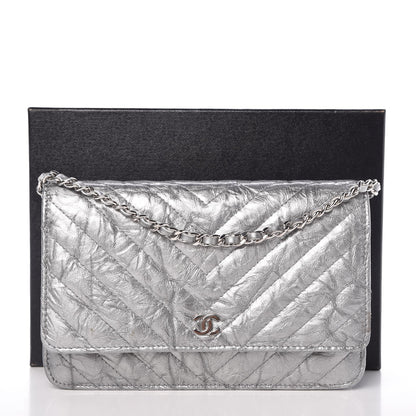 Chanel Patent Metallic Crumpled Calfskin Chevron Quilted Wallet On Chain WOC Silver 9 of 9