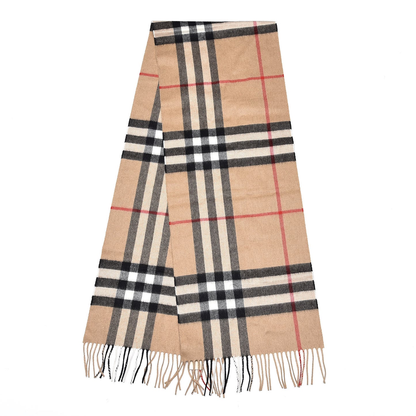 Cashmere Giant Check Fringe Scarf Camel
