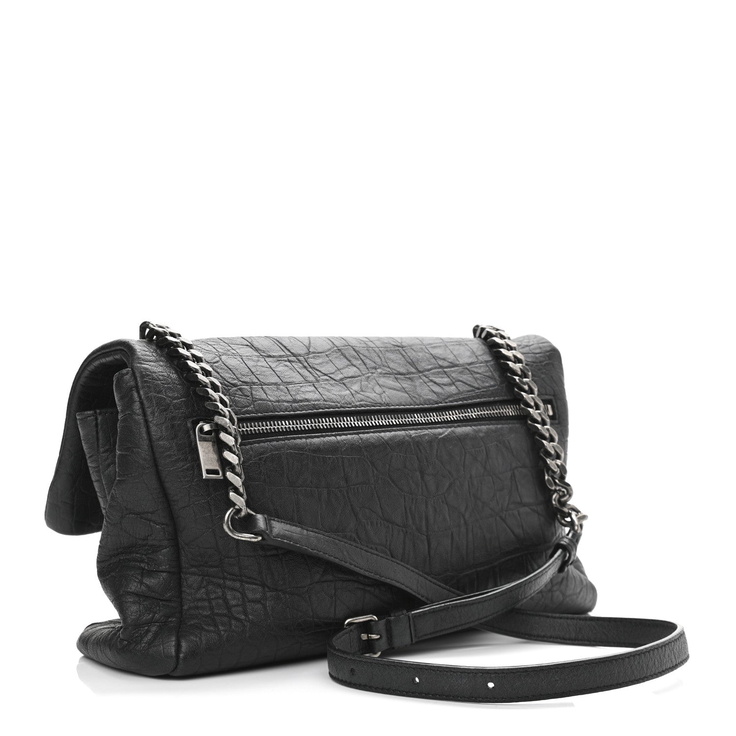 Saint Laurent Calfskin Crocodile Embossed Medium West Hollywood Monogram Fold-Over Black 3 of 11