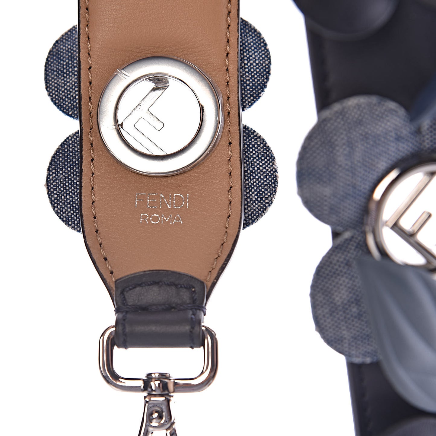 Vitello Century Denim F is Fendi Bi-Color Floral Studded Strap You Blue Notte Cuoio