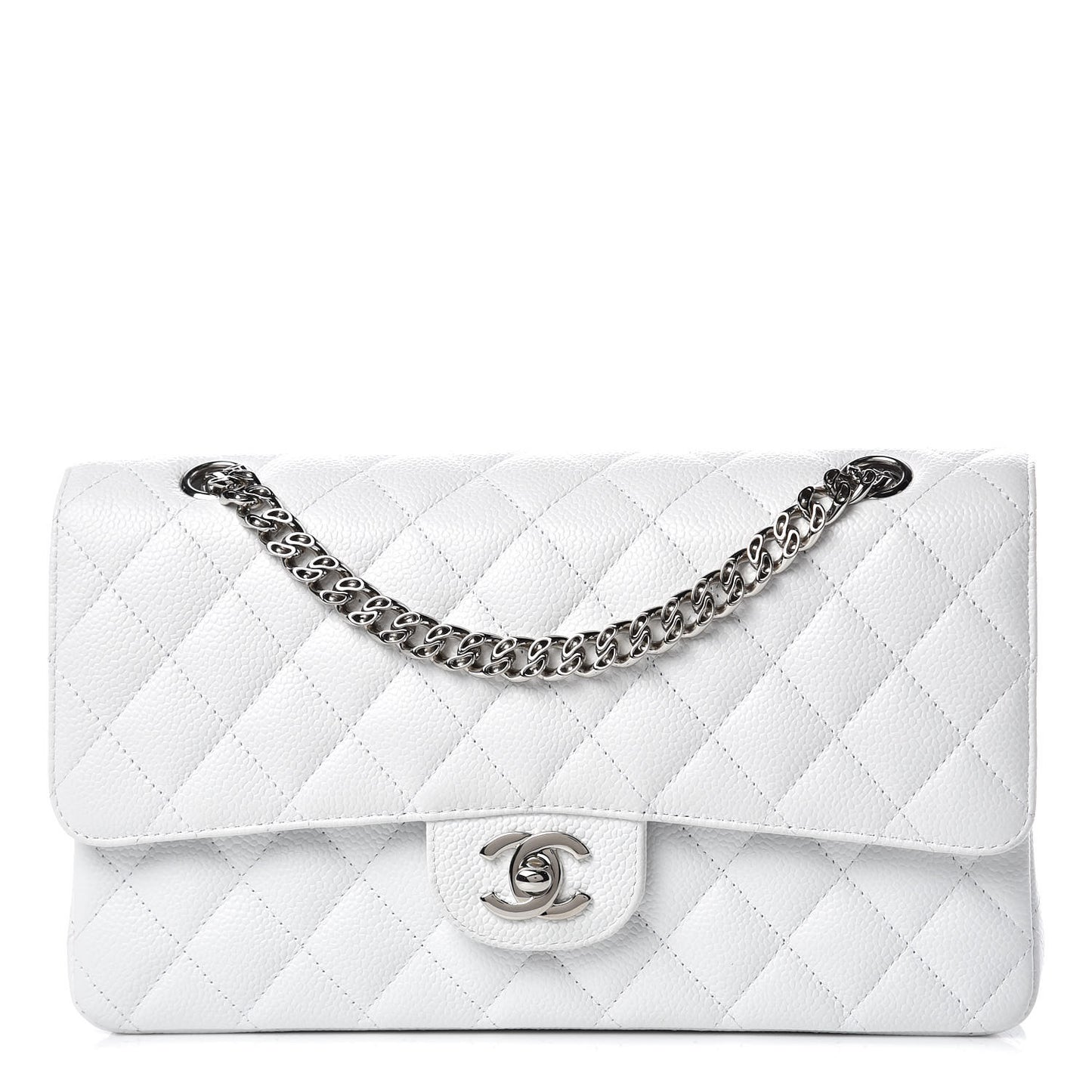Caviar Quilted Medium Double Flap Bijoux Chain White