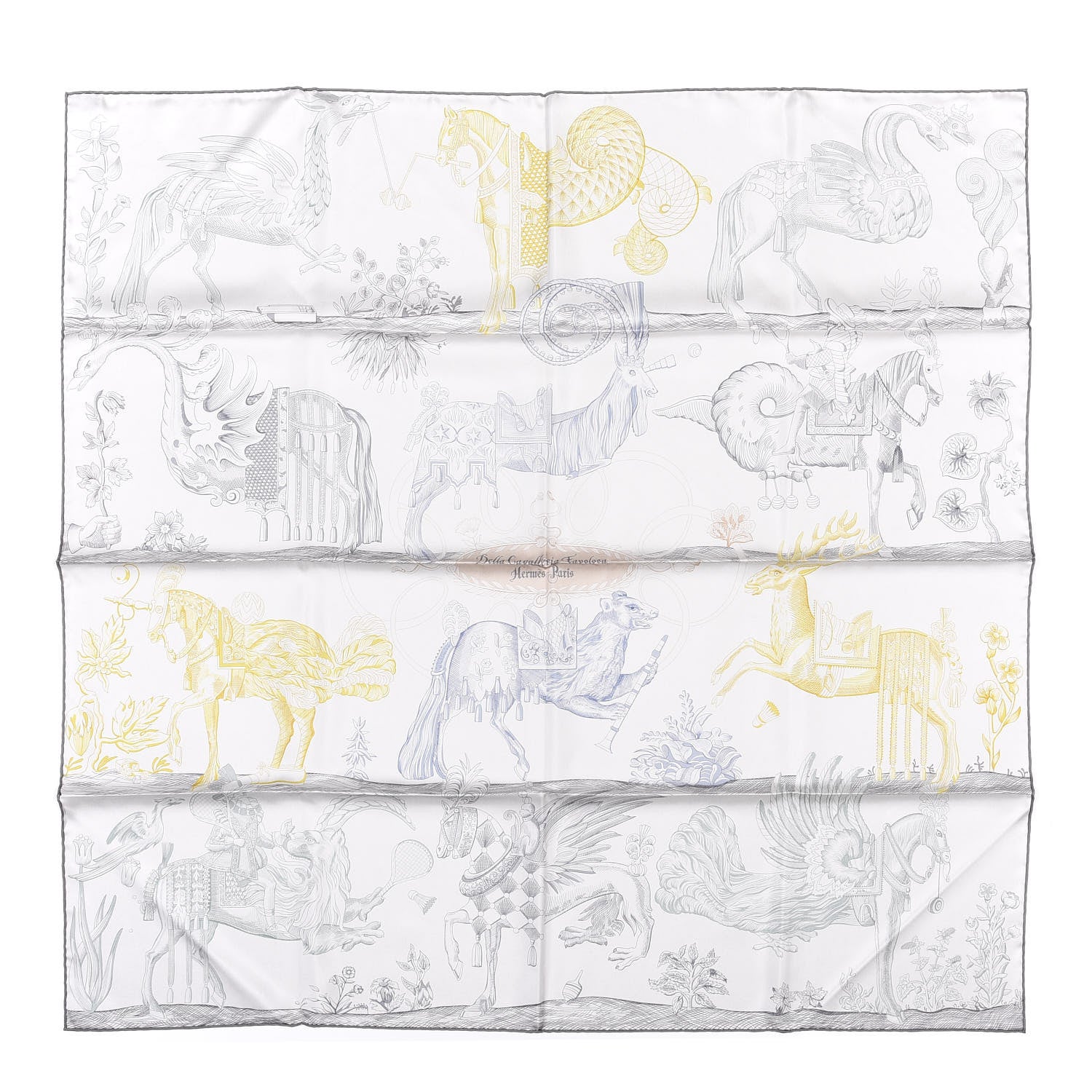 Hermes Silk Della Cavalleria Favolosa Reversible Scarf 90 Gris Argente Jaune Etoupe 1 of 6
