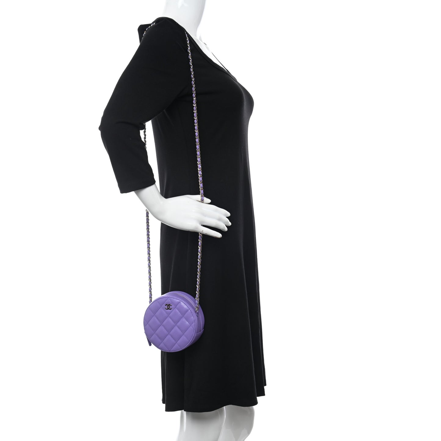 Caviar Quilted Round Clutch With Chain Purple