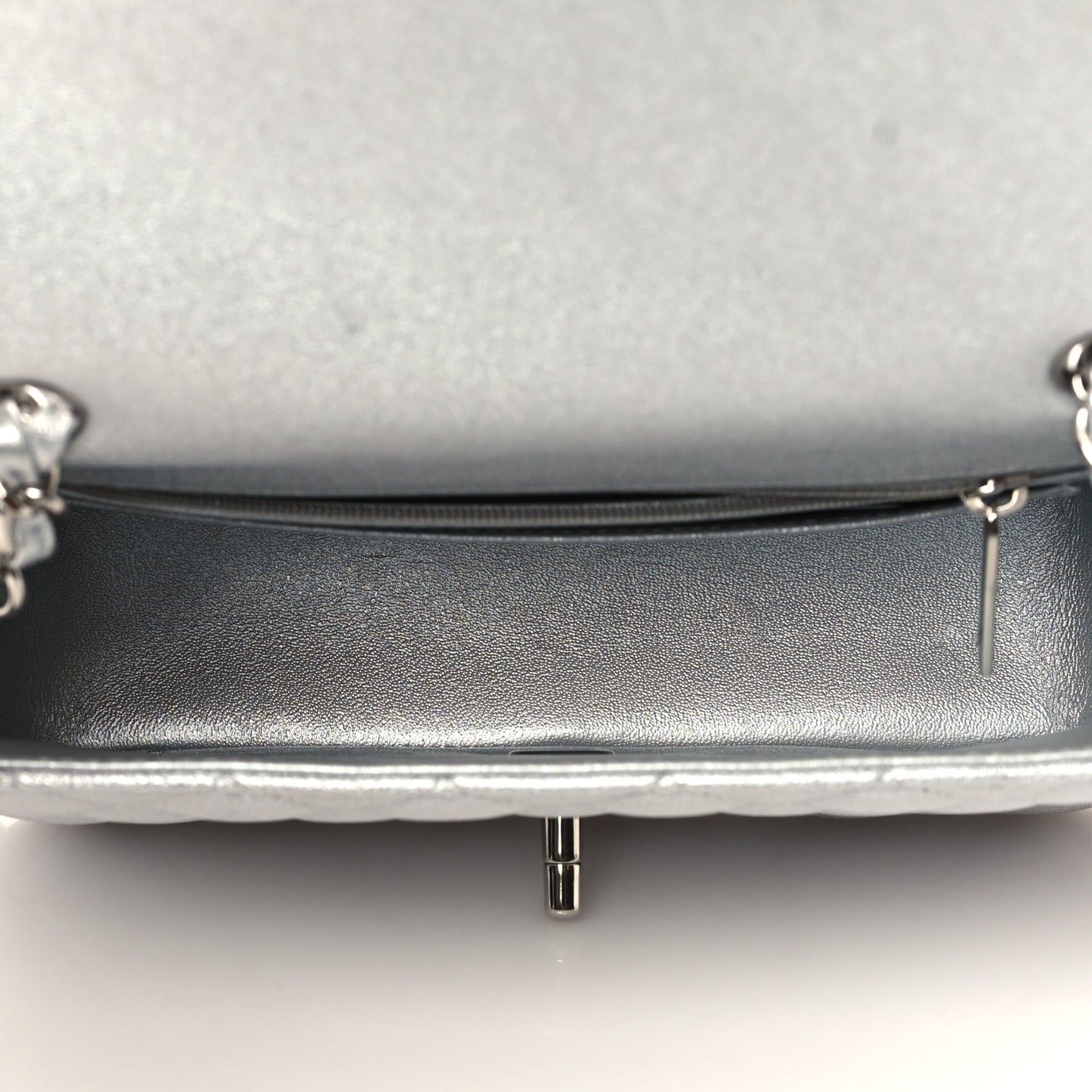 Metallic Lambskin Quilted Mini Rectangular Flap Silver