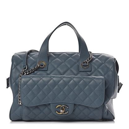 Chanel Grained Calfskin Quilted Large Casual Pocket Bowling Bag Blue 1 of 12